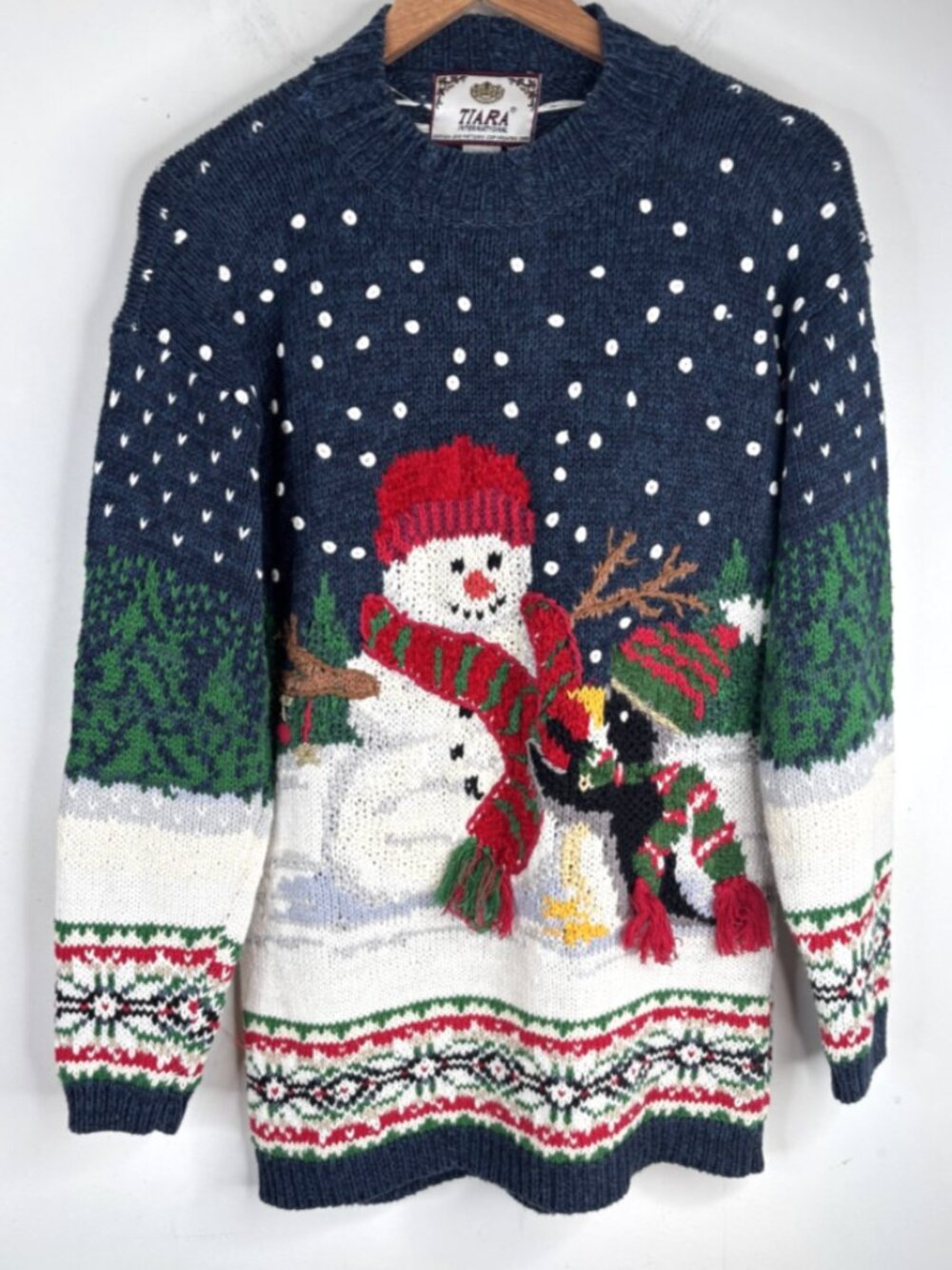 VTG 90s Tiara Christmas Sweater S Snowman Penguin Embroidered 3D Knit Fair Isle